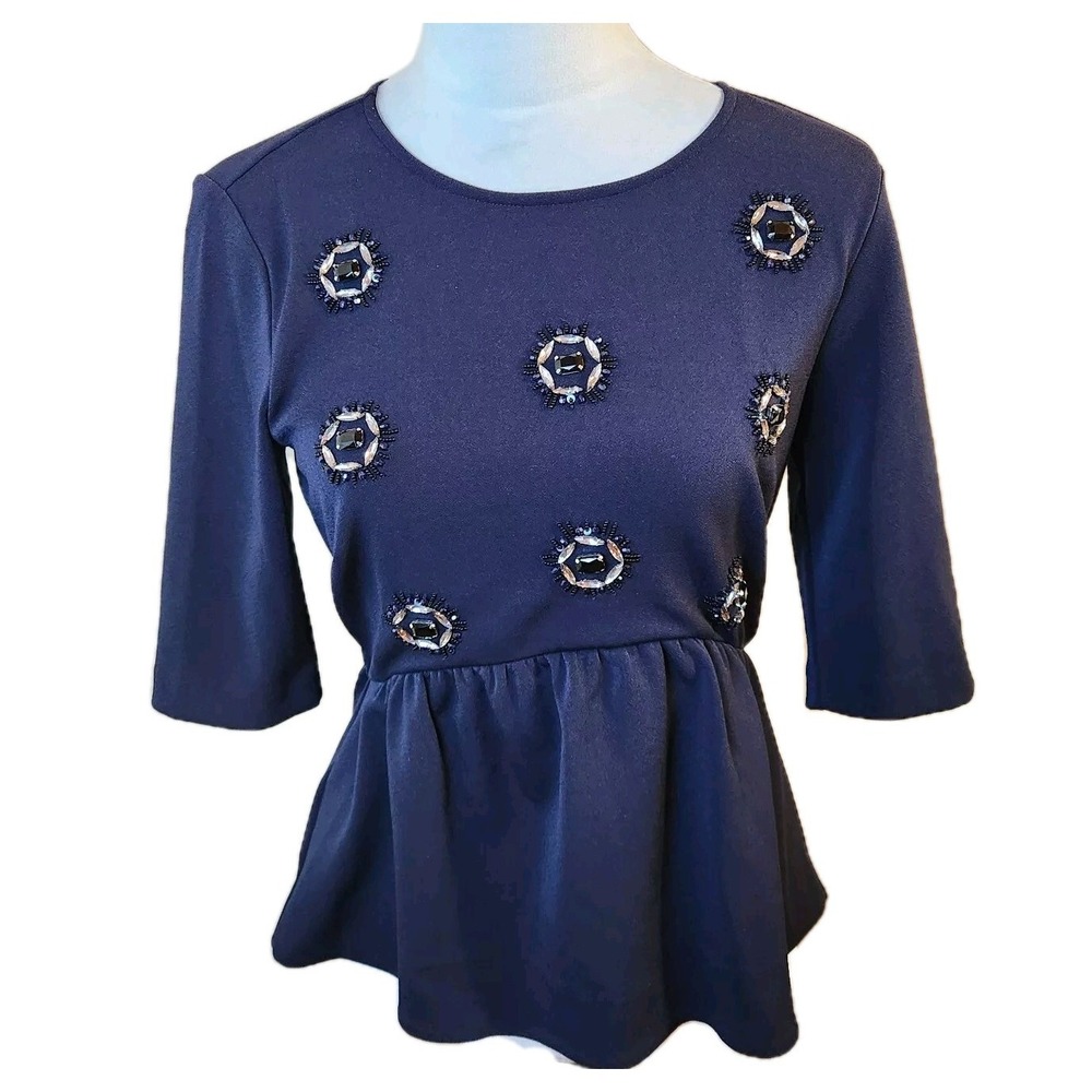 Ann Taylor Womens Beaded Jewel Peplum Blouse Size Small Navy Blue Top New NWT